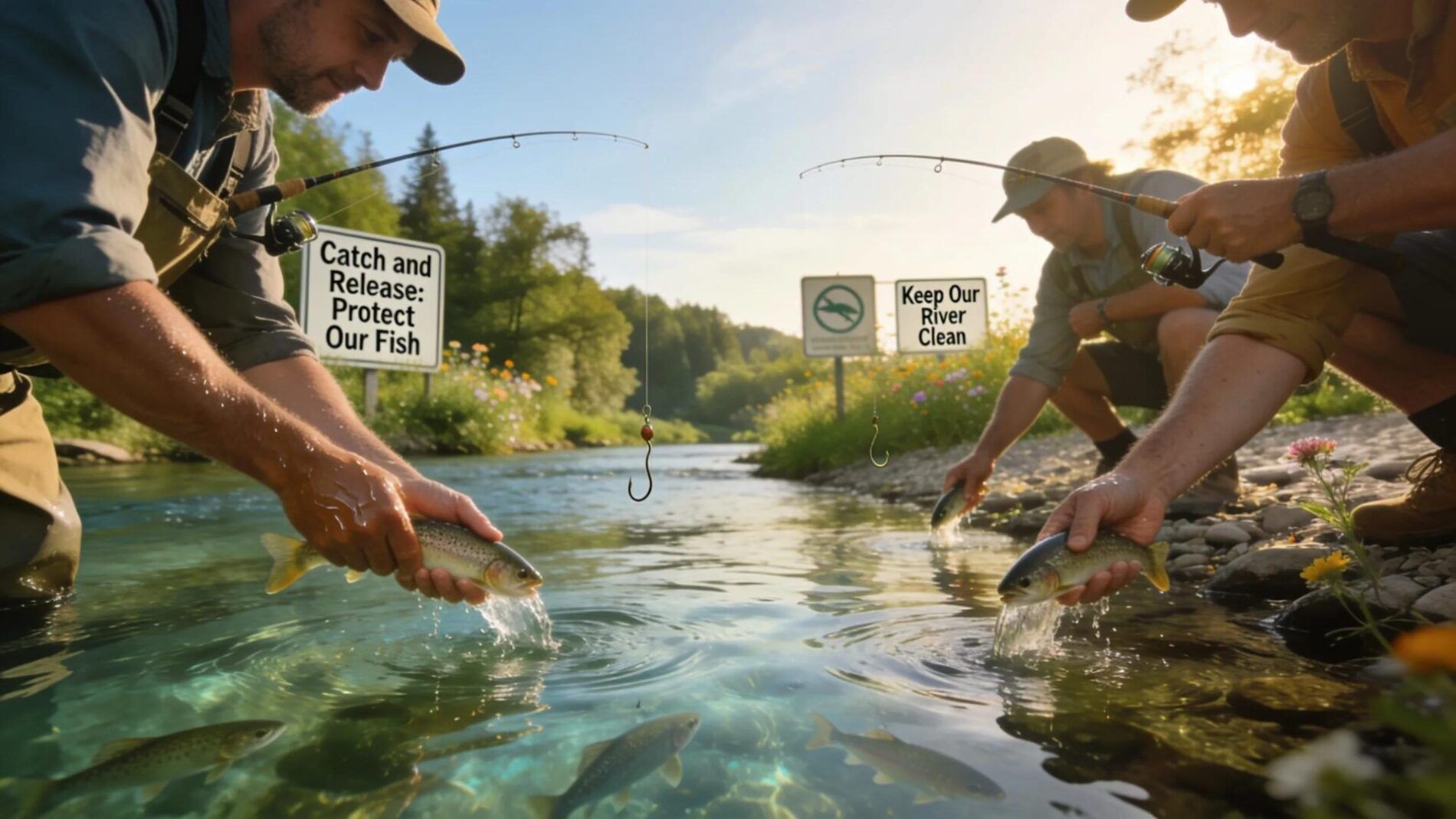 Anglers practicing catch-and-release fishing techniques in a clean, conservation-focused river