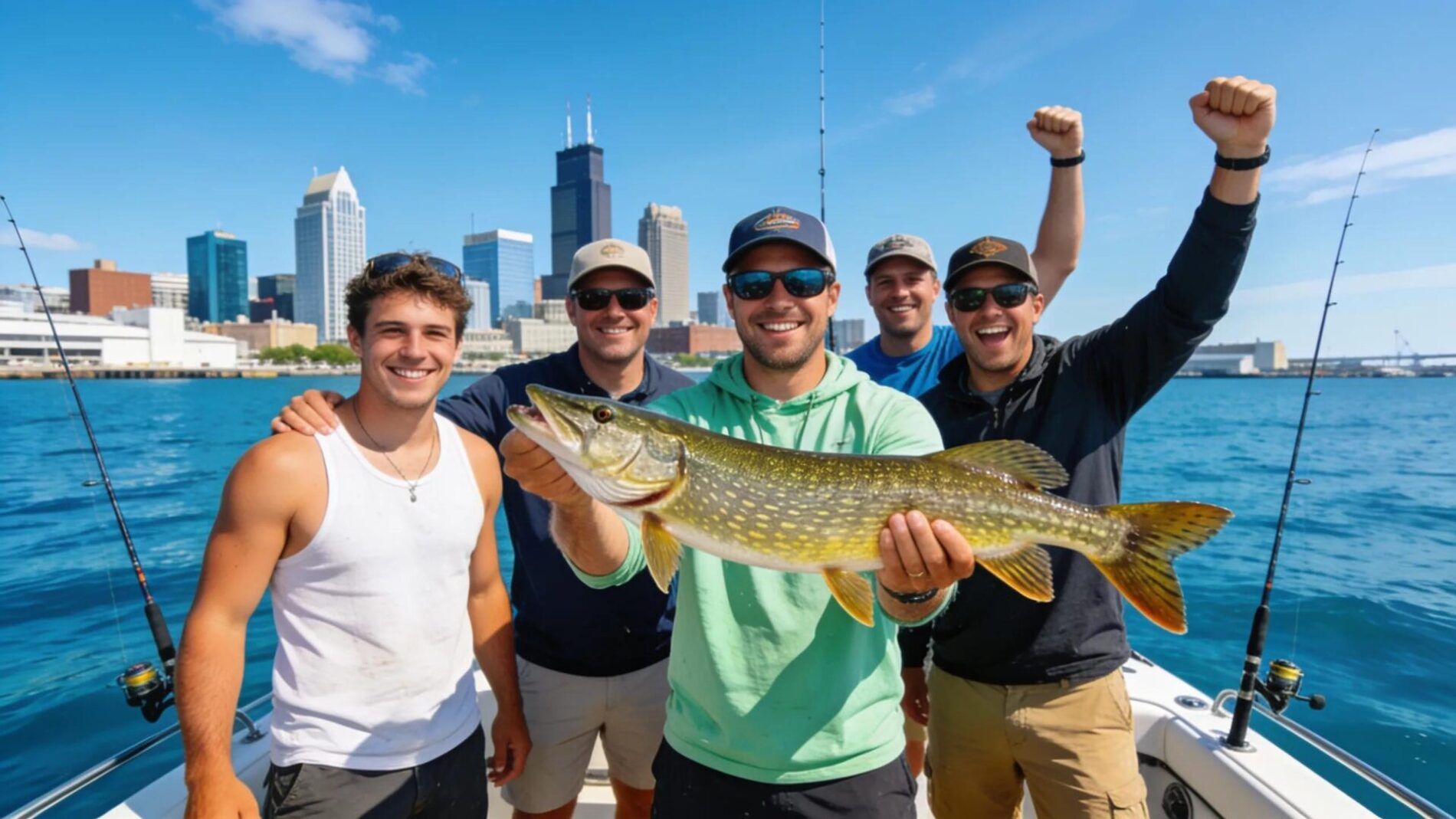Happy anglers celebrating their successful musky fishing trip with a skyline backdrop