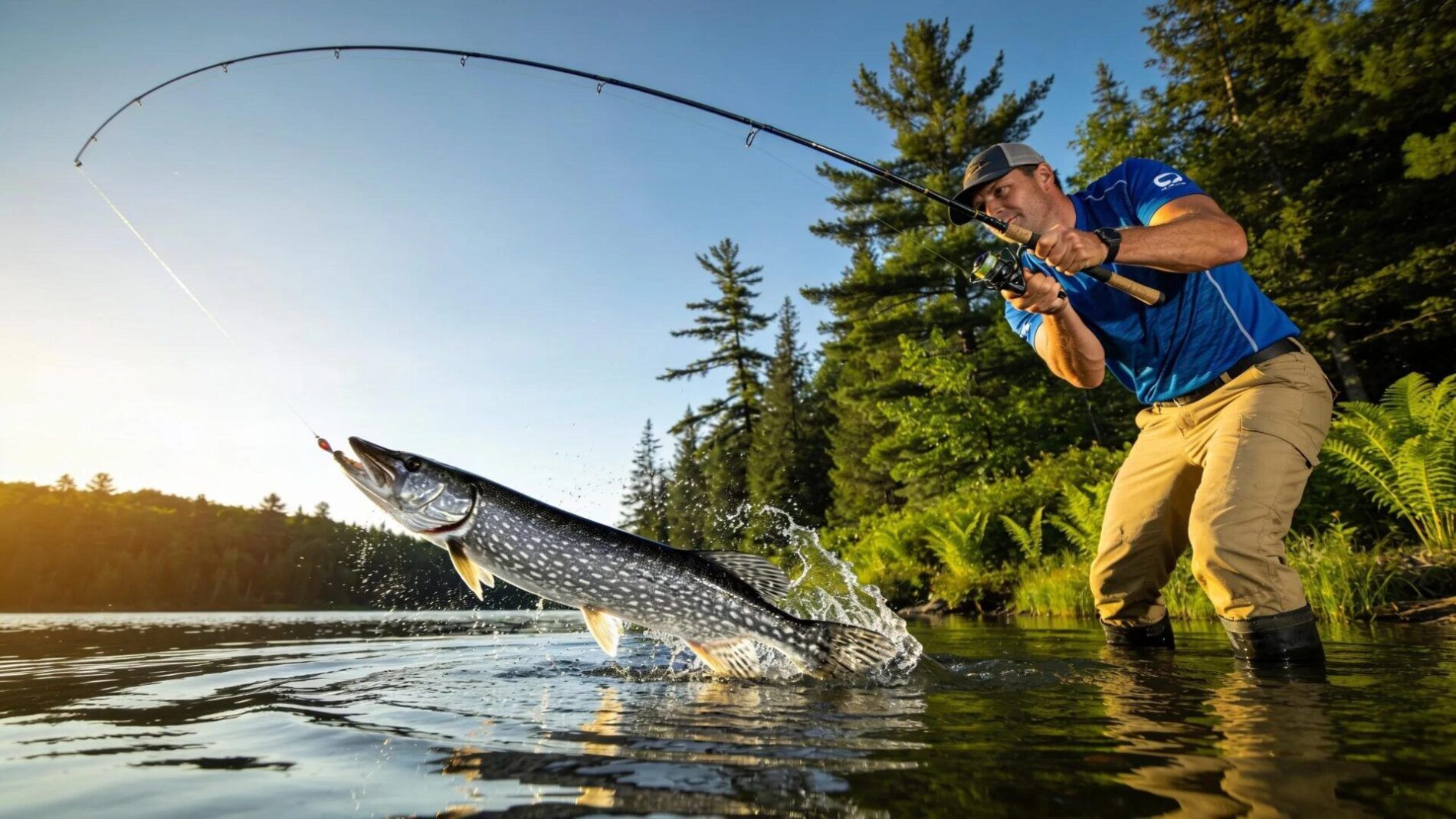 Angler demonstrating optimal casting technique with a musky fishing rod on a Wisconsin lake