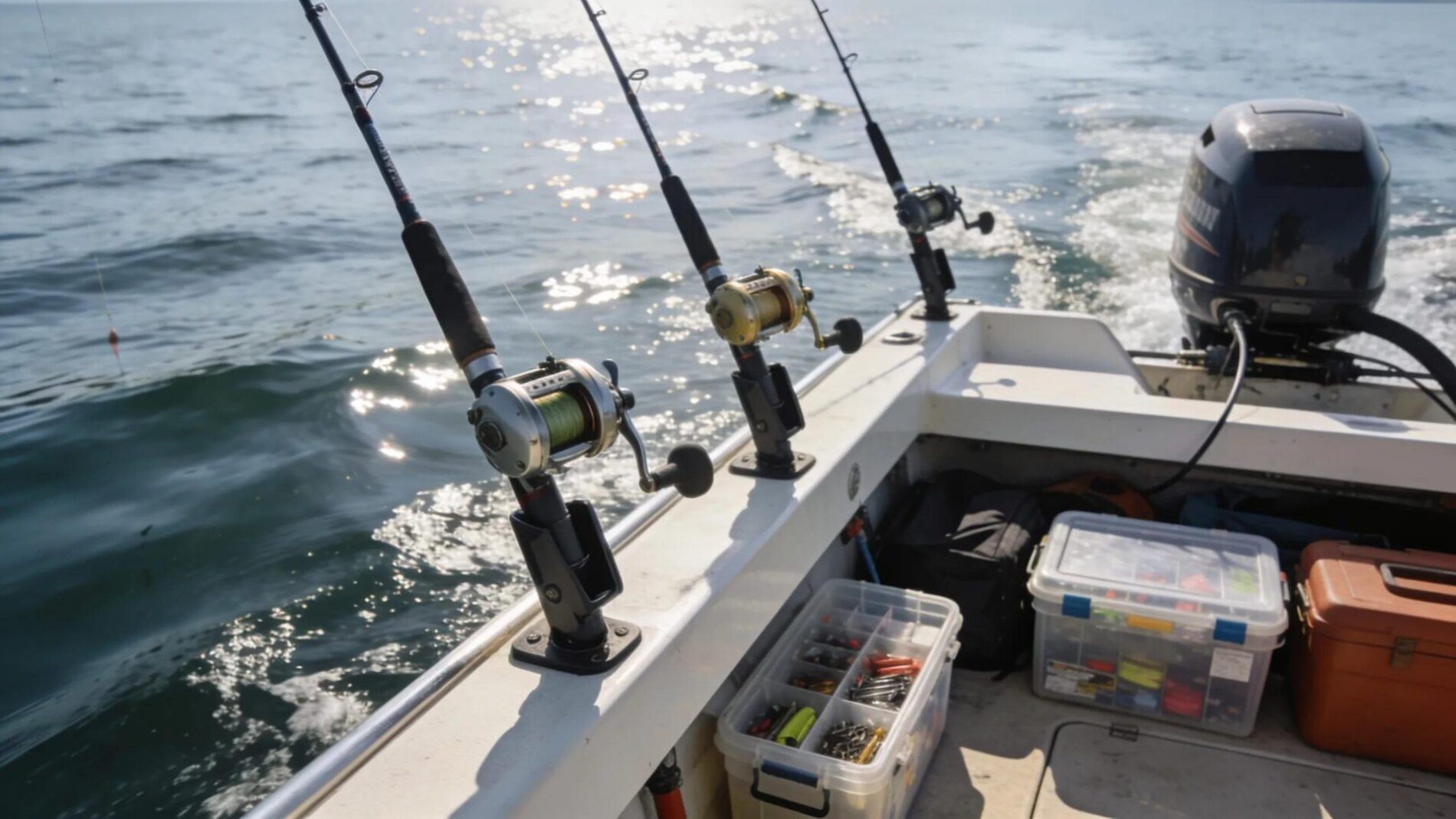 Essential fishing gear for lake trout fishing including rods in rod holders, on the back of a boat that is trolling open water.