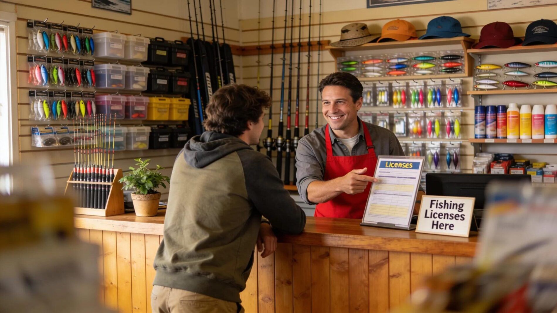 Customer at a bait shop counter engaging with a shopkeeper about obtaining fishing licenses for fishing trips