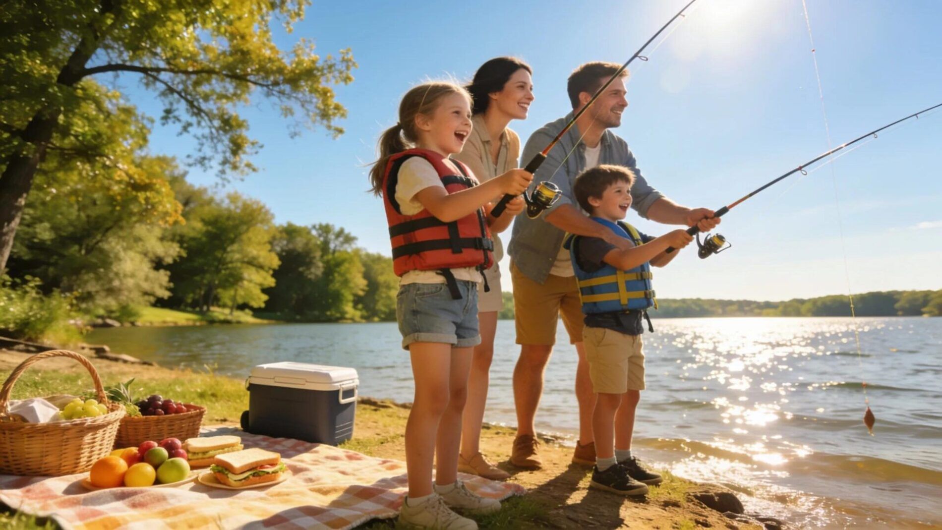 Family fishing together on a lake, highlighting family-friendly guided fishing adventures in Waukesha County