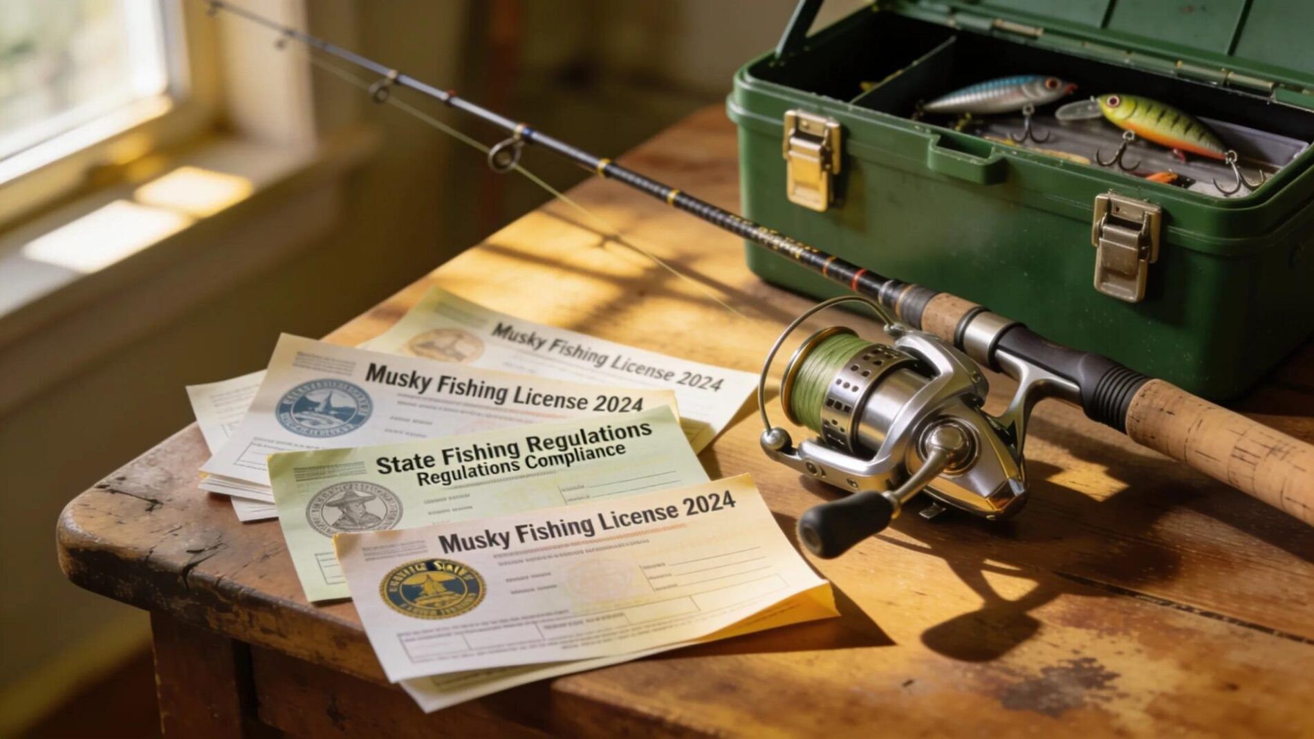 Various fishing licenses laid out on a table alongside fishing gear, emphasizing the importance of compliance for musky fishing