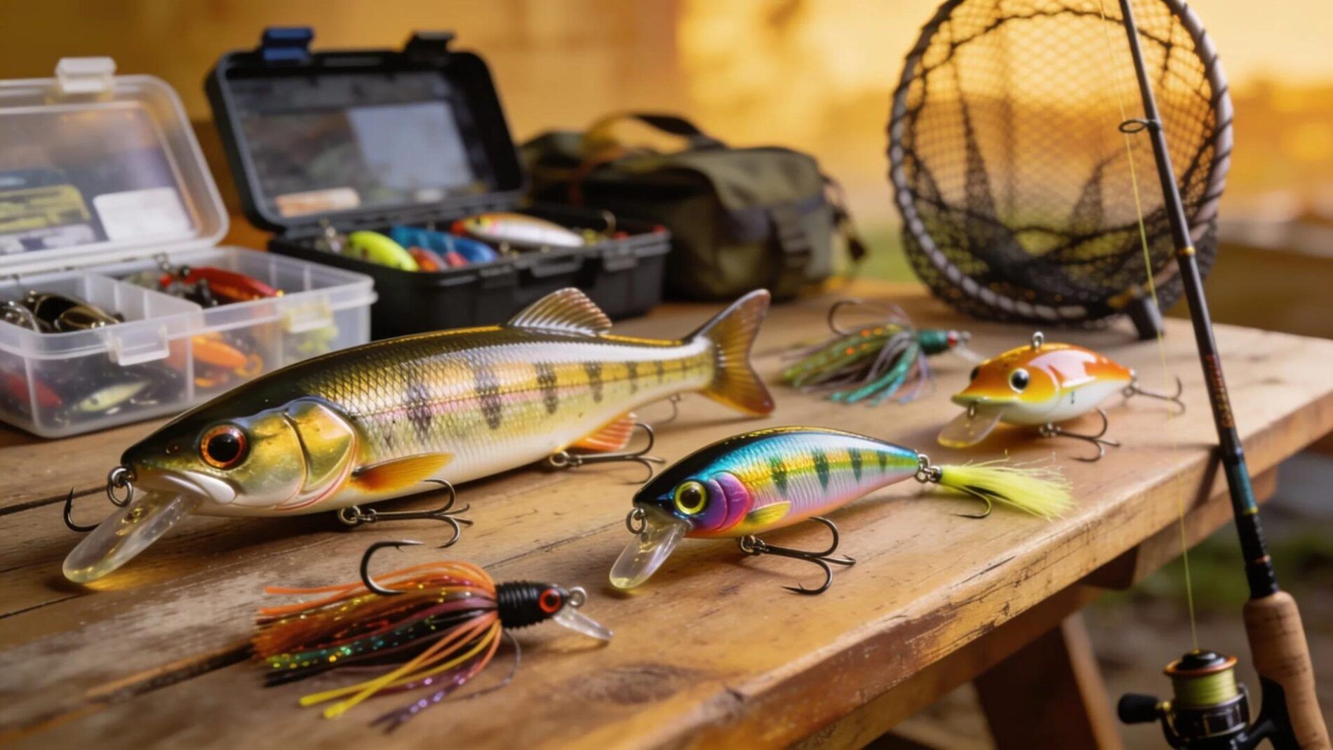 Various effective musky fishing lures including large crankbaits, bucktails, and topwater lures