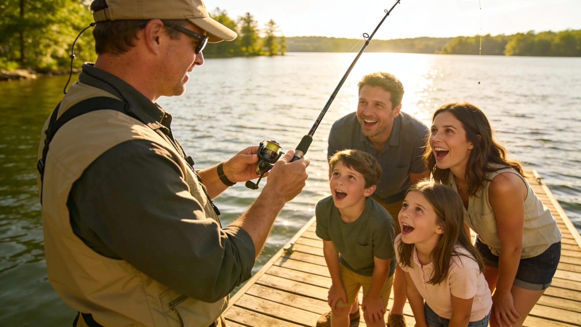 Family fishing experience with a guide on a picturesque lake in Waukesha