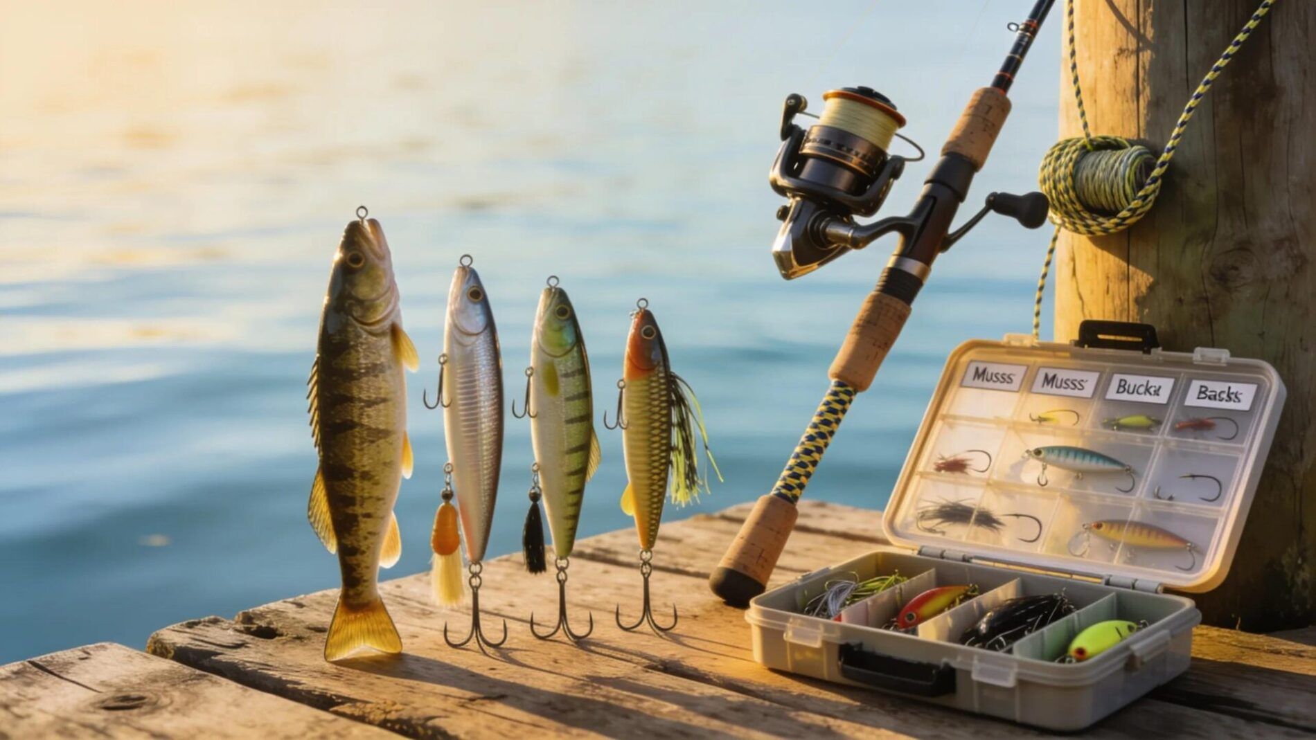 Essential fishing gear for musky fishing arranged on a dock ready for an adventure