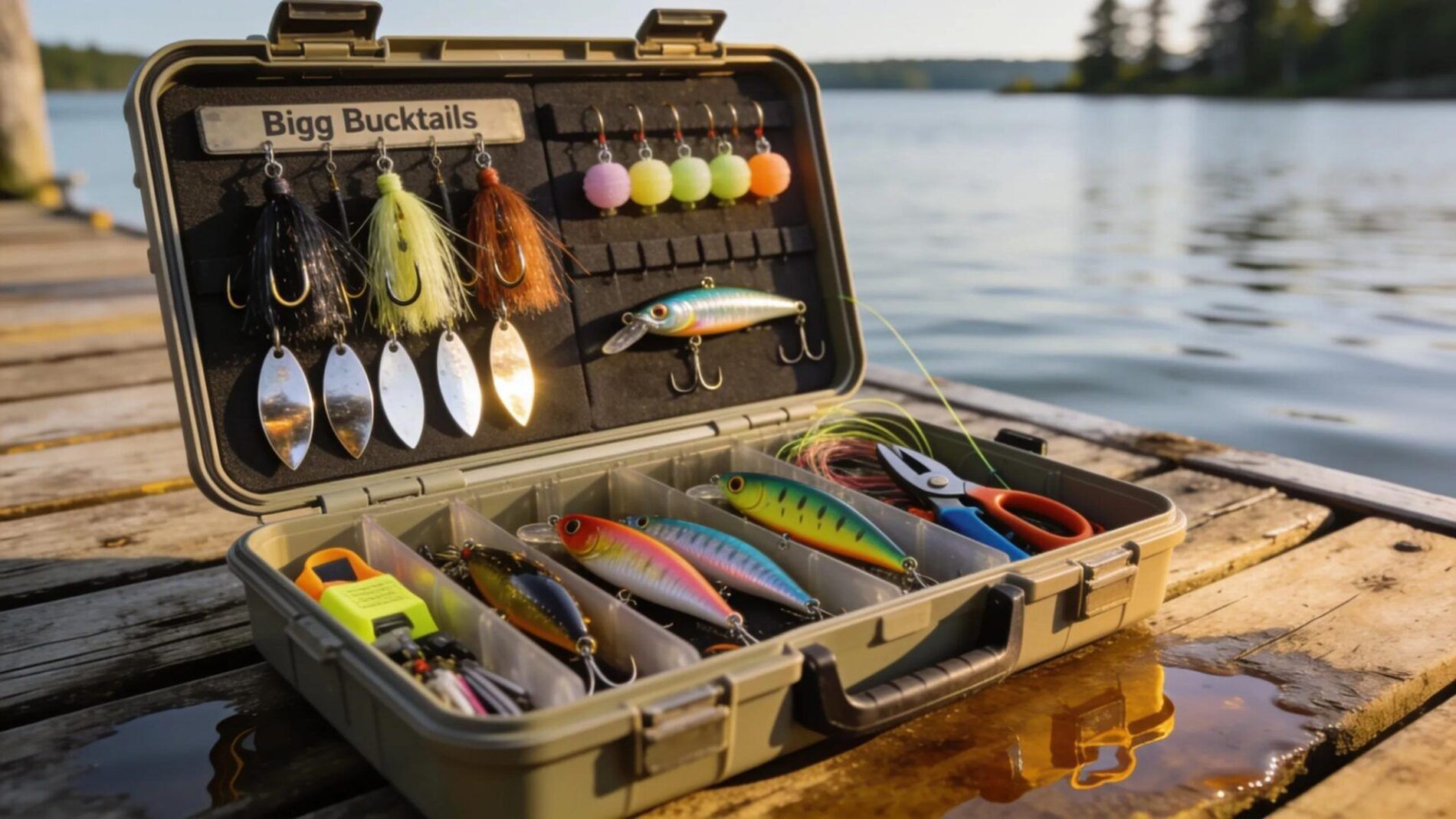 Tackle box with muskie fishing gear displayed on a dock beside the water
