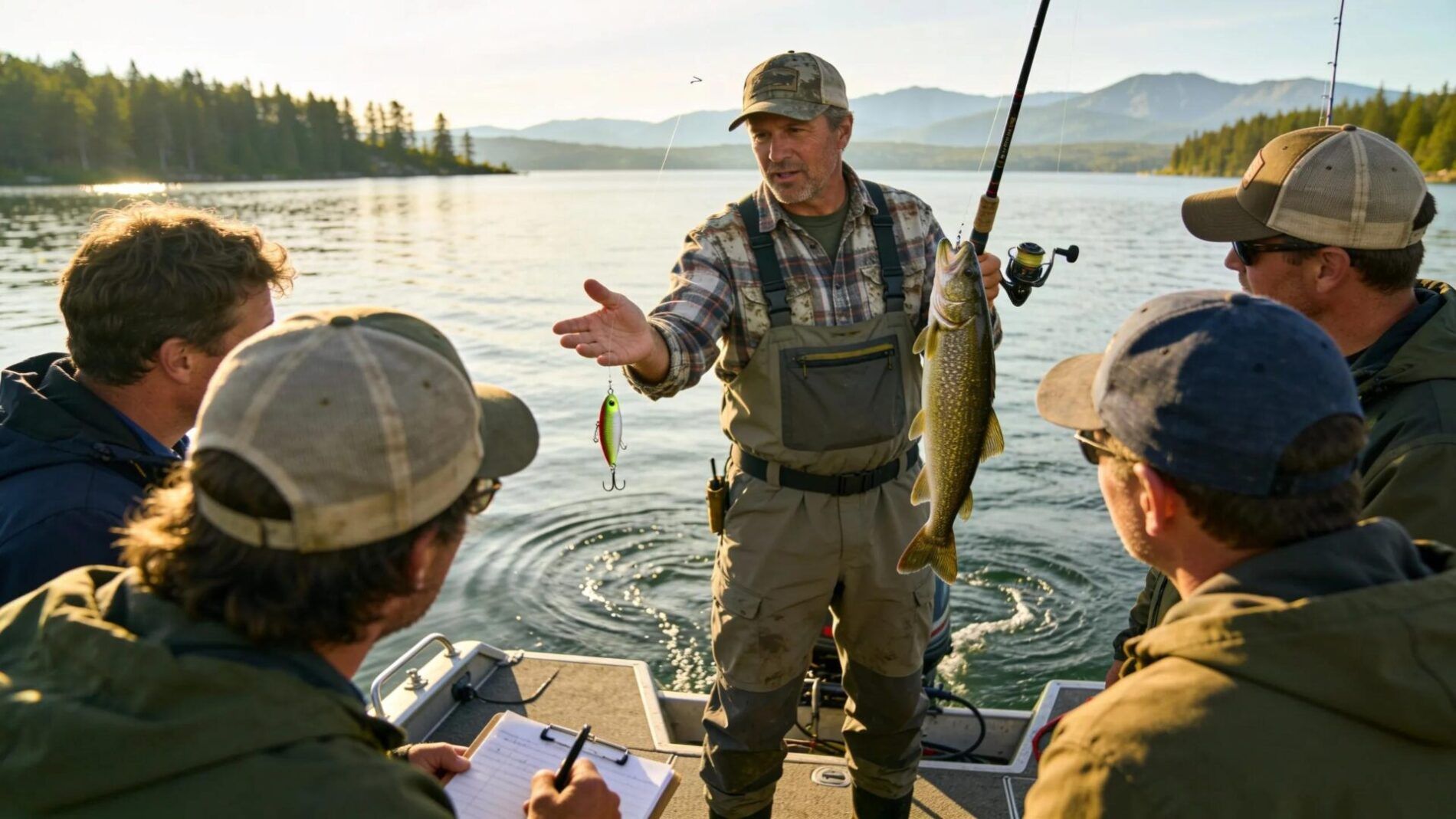 Fishing guide teaching technique to anglers on a lake, showcasing the role of expert guidance in fishing