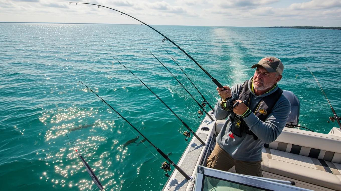 Angler practicing trolling technique on Lake Michigan, showcasing fishing action and excitement