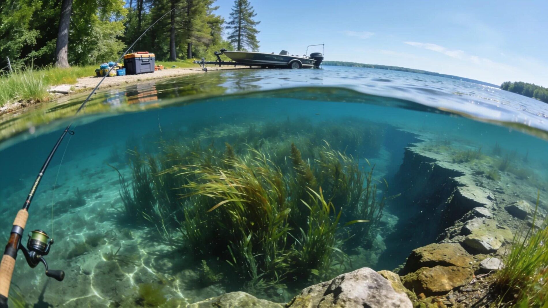 Panorama of Pewaukee Lake showing optimal musky fishing locations and underwater features