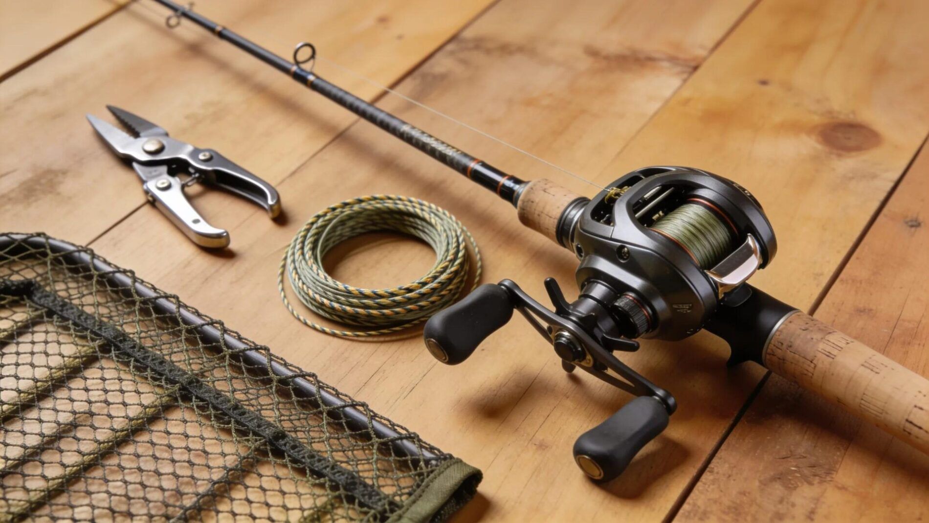 Essential musky fishing gear and accessories organized for a guided trip in Wisconsin