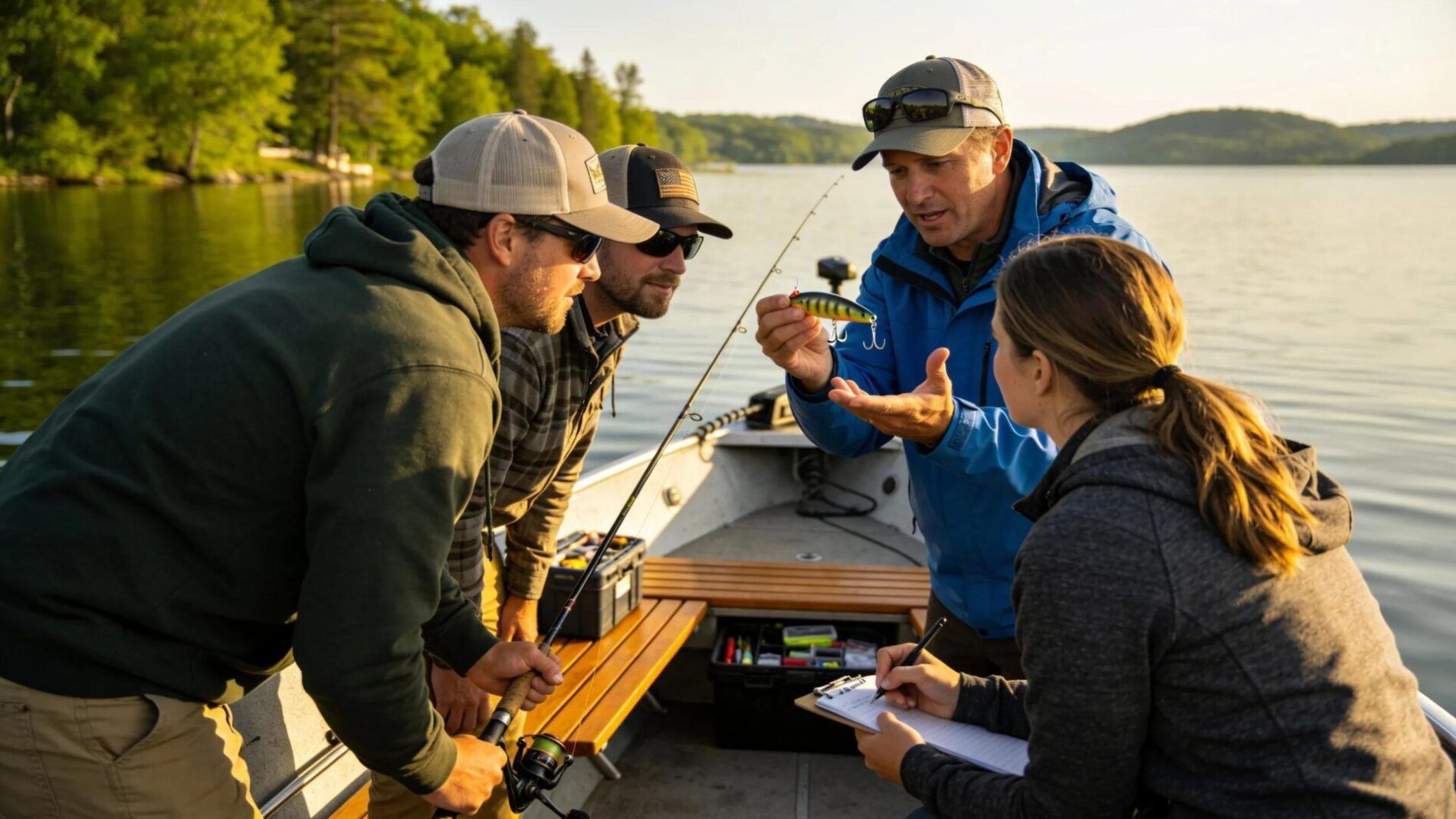 Anglers on a guided musky fishing trip learning bait techniques from a fishing guide